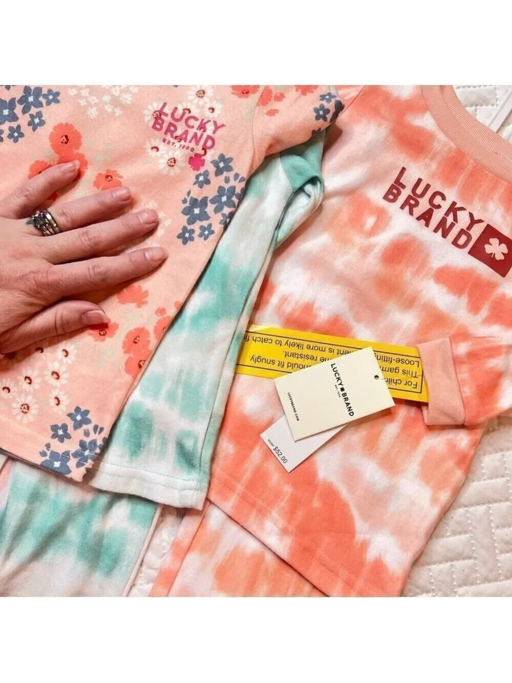 Lucky Brand NEW Long Sleeve Pajama Set Girls sz 4 NWT Coral Orange White Tie-Dye